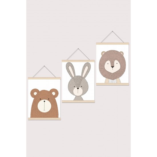 Aslan Maymun Ayı Desenli Çocuk Odası İp Askılı Kanvas Poster Tablo Duvar Dekoru